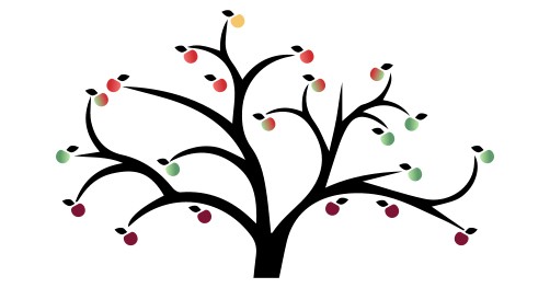 Tree graphic with purple, green, red, and yellow apples.