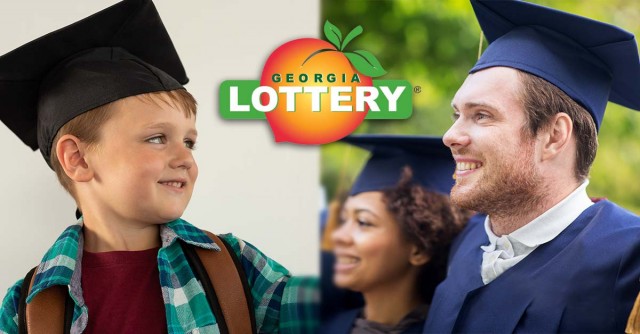 Young boy in graduation cap looking at young man in  graduation cap with Georgia Lottery logo.